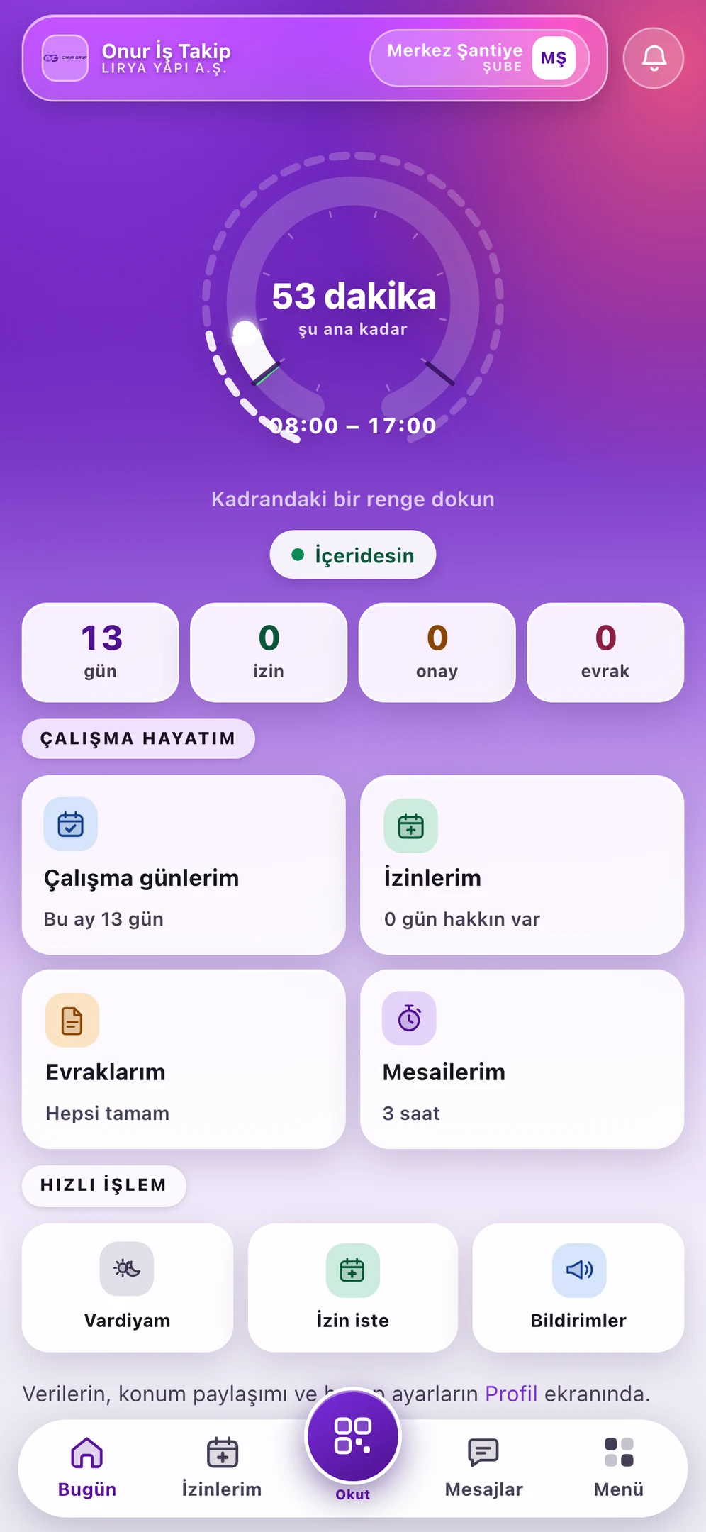 Onur İş Takip ana ekranı: bugün çalışılan süre, izin ve evrak özeti